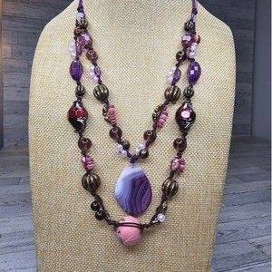 Purple Agate Pendant and Mixed Material Bead Necklace 22.5"L
